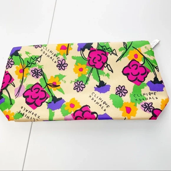 Clinique Bright Colored Floral Zip Closure Makeup Bag - Picture 2 of 6